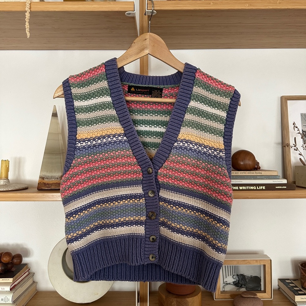 Vintage Lizsport Cotton Linen Blend Multicolor Striped V-Neck Sweater Vest